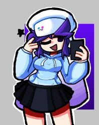 1girls 2d arcaned_roses black_skirt blue_hoodie clothed fanart female female_only fully_clothed headgear headwear hoodie mob_face not_porn one_eye_closed open_mouth phone purple_hair roses_arcaned sfw simple_background skirt solo solo_female sonadrawzstuffyt star