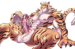 abs anthro balls battle_franky biceps big_muscles big_penis blush chest_tuft claws cum feline fur humanoid_penis lin_hu male male_only mammal masturbation muscular muscular_male nekojishi nipples nude orange_fur pecs penis pink_nipples simple_background sitting stripes sweat tiger triceps tuft vein veiny_penis