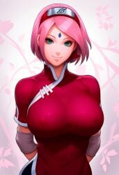 1girls ai_generated big_breasts female female_only green_eyes hands_behind_back naruto naruto_(series) naruto_shippuden nipples_visible_through_clothing pink_hair qipao red_shirt sakura_haruno self_upload selvokaz smile solo tagme