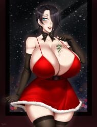 1girls aqua_eyes black_hair black_hair_female blush bow breasts bursting_breasts christmas christmas_outfit cleavage enormous_breasts female female_focus hair_over_one_eye happy_holidays highres holidays huge_breasts huge_cleavage massive_breasts mistletoe original original_character santa_dress saya_(twrlare) short_black_hair short_hair short_hair_female smile solo solo_female thighhighs twrlare voluptuous_female