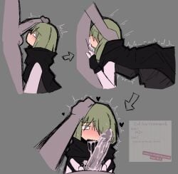 2boys 3koma artist_upload blush cape clothed_sex clothing cum cum_drip cum_in_hands cum_in_mouth cum_inside cum_on_penis cupped_hands dominant_male erection euria_(law_of_talos) euria_sad_sunday evil_ass_homework femboy green_hair hair_over_one_eye half-closed_eyes heart human law_of_talos male male/male male_(lore) male_only movement_lines obscured_eye oral oral_sex orgasm otoko_no_ko papyrus_(font) penis penis_awe penis_on_head sammysamz secretly_loves_it self_upload tremble_spikes