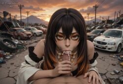 1boy ai_generated amo_empool artist_name bare_shoulders black_hair bow bowtie breasts brown_hair car cloud cum cum_in_mouth detached_sleeves erection eugenericai fellatio female freckles gachiakuta gradient_hair hair_between_eyes handjob long_hair looking_at_viewer male_pubic_hair motor_vehicle multicolored_hair oral orange_eyes orange_hair outdoors penis penis_grab pov power_lines pubic_hair sky solo_focus straight sunset trash two-tone_hair uncensored utility_pole veins veiny_penis