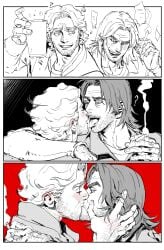 2males 3_panel_comic blush comic curly_(mouthwashing) drinking drunk gay hairy_hands jimmy_(mouthwashing) kissing male_focus male_only monochrome mouthwashing open_mouth safe sfw smoking spot_color stubble thick_eyebrows tipsy tongue_out yaoi