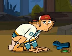 backwards_baseball_cap blonde_hair dildo dildo_in_ass green_eyes half-dressed looking_at_viewer metadream raised_eyebrows screenshot_edit squatting total_drama_island total_drama_island_(2023) wayne_(tdi)