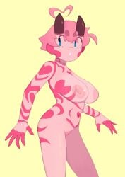 big_breasts hi_res horns kana_bonini markings miliandpaint pink_hair pink_skin pubic_hair simple_background simple_face sweetcanvas tattoo