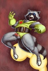 2:3 5_fingers anthro balls biped blue_eyes bodily_fluids fangs fingers flyttic fur genital_fluids genitals glans grey_body grey_fur guardians_of_the_galaxy hi_res humanoid_genitalia humanoid_penis male mammal marvel open_mouth penis precum procyonid raccoon rocket_raccoon solo tail teeth vein veiny_penis