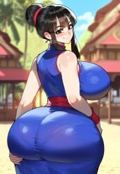 ai_generated black_eyes black_hair blue_dress blush breasts chi-chi_(dragon_ball) dark-skinned_male dragon_ball dragon_ball_z female huge_breasts juuicyai massive_ass massive_breasts nipples