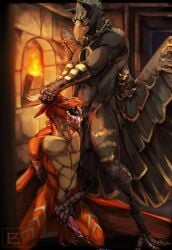 anthro avian black_body black_claws black_fur claws dragon duo erection fur gryphon hi_res horn male male/male mythological_avian mythological_creature mythological_scalie mythology oral oral_penetration orange_body orange_scales penetration scales scalie white_horn zweikopfeinhorn