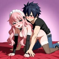 1female 1male ai_generated all_fours crossover fairy_tail gray_fullbuster louise_francoise_le_blanc_de_la_valliere petite_female pink_hair sex sexy_lingerie zero_no_tsukaima