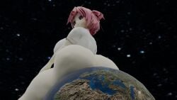 1girls big_ass big_breasts bottomless bubble_butt doki_doki_literature_club giantess looking_back looking_down natsuki_(doki_doki_literature_club) no_panties planetary_macro thick_thighs