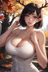 ai_generated antlers black_hair cute elf elf_ears female provocative_pose red_eyes seductive seductive_expression short_hair suggestive sultry teasing the_way_(artist) usebackdooronly