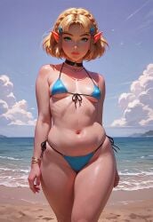 ai_assisted ai_generated beach bikini blonde_hair chubby chubby_female curvy curvy_body curvy_female curvy_figure ocean petite petite_body petite_female pointy_ears princess_zelda short_hair small_breasts string_bikini the_legend_of_zelda thick_thighs wide_hips