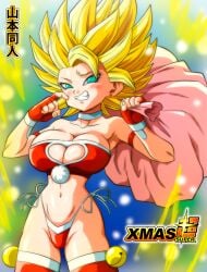 2d 2d_(artwork) alternate_version_available big_breasts blonde_hair blush caulifla christmas clothed cyan_eyes dragon_ball dragon_ball_super female holidays shounen_jump solo solo_female super_saiyan tagme turk underwear yamamoto_doujin