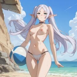 ai_generated beach bikini_bottom bored_expression elf frieren frieren_beyond_journey's_end long_hair petite small_breasts topless twintails white_hair