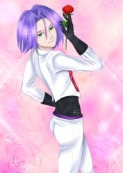 1boy 1male blue_hair_male gay gloves high_res james_(pokemon) looking_at_viewer male_only pokemon rose_(flower) silkyomega slim_male small_ass solo_male team_rocket white_clothing white_outfit