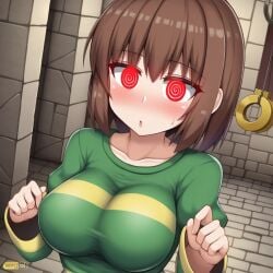 @_@ ai_generated breasts bronw_hair chara green_shirt huge_breasts hypnosis large_breasts long_sleeves mind_control pendulum red_eyes sexy.ai spiral_eyes striped_shirt tagme undertale undertale_(series) unknown_artist