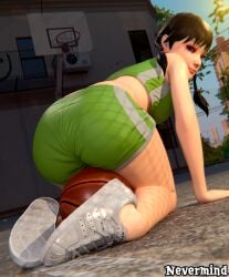 3d asian asian_female ball basket basketball basketball_court black_hair blender blender_(artwork) blender_(software) blender_cycles braid braided_hair green_eyes guitar_hero japanese light-skinned_female light_skin looking_at_viewer makeup midori_(guitar_hero) nevermind_(artist) sitting_on_ball smiling_at_viewer sports_shorts sports_uniform sportswear tree trees white_shoes