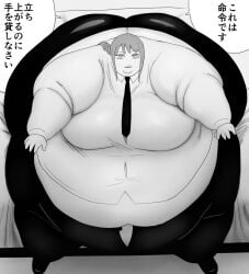 1girls black_and_white chainsaw_man clothed expressionless fat_fetish large_ass large_belly looking_at_viewer makima_(chainsaw_man) nikutsuki obese ringed_eyes ssbbw