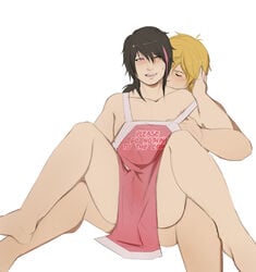 2boys apron black_hair blonde_hair from_behind gay good_little_housewife jaune_arc lie_ren male male_focus male_only naked_apron open_mouth reverselaw rwby short_hair spread_legs yaoi