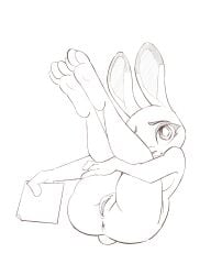 3_toes absurd_res anthro anus ass bl394 breasts digital_drawing_(artwork) digital_media_(artwork) disney eyebrows feet female genitals hi_res judy_hopps lagomorph legs_up leporid long_ears looking_at_viewer mammal monochrome nude pussy rabbit simple_background solo tail toes white_background zootopia