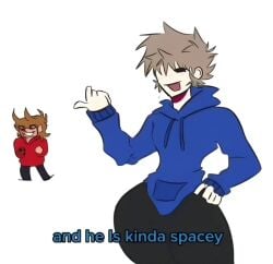 2boys ass background behind big_ass big_butt big_hips big_thighs black_eyes black_pants blue_jacket brown_hair clothed clothing curves curvy curvy_body curvy_hips curvy_male curvy_thighs digital_drawing_(artwork) ear eddsworld face_scar fat_ass gay goofy_ahh hips hoodie not_mine pointing red_jacket scar shadow thick_ass thick_legs thick_male thick_thighs tiktok tom_(eddsworld) tord_(eddsworld) youtube