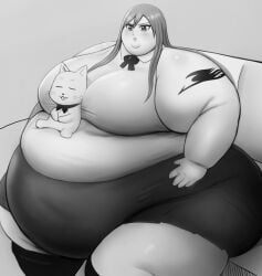 1girls bbw black_and_white cat_person chubby_face erza_scarlet fairy_tail fat large_belly large_breasts light-skinned_female morbidly_obese_female nikutsuki obese