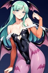 1boy ai_generated bat_wings blue_eyes cosplay erection_under_clothes femboy green_hair morrigan_aensland_(cosplay) succubus