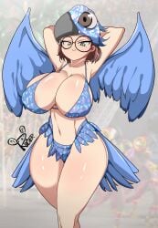 1female 1females 1girl 1girls 20th_century_fox arms_behind_head belly belly_button bikini bird_tail blue_bikini blue_sky_studios breasts brown_hair brown_hair_female costume exposed_belly exposed_belly_button female female_focus female_only glasses green_eyes green_eyes_female high_heels light-skinned_female light_skin linda_gunderson looking_at_viewer medium_breasts rio_(series) short_hair solo solo_female solo_focus standing thighs wings