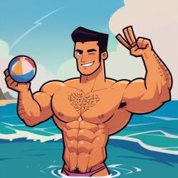 ai_generated bara beach bikini diego_(disventure_camp) diego_olivo disventure_camp disventure_camp:_carnival_of_chaos gay hairy_chest male male_only muscles muscular muscular_male pecs posing posing_for_the_viewer smiling swimsuit thong thong_bikini wink