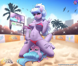 2017 anthro anthrofied areola bikini blush breasts cloud_chaser_(mlp) duo_focus english_text equine feathered_wings feathers female flitter_(mlp) friendship_is_magic furry gesture group highres incest lying mammal my_little_pony nipples one_eye_closed outdoors palm_tree pegasus sugarlesspaints swimsuit text tree v wings