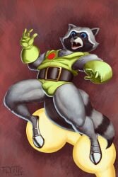 2:3 5_fingers anthro biped blue_eyes bulge fangs fingers flyttic fur grey_body grey_fur guardians_of_the_galaxy hi_res male mammal marvel open_mouth procyonid raccoon rocket_raccoon solo tail teeth