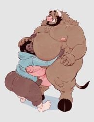 anthro ass beard belly big_belly big_butt black_beard black_facial_hair black_hair blue_clothing blue_hoodie blue_topwear blush bovid bovine brown_body brown_fur brown_skin cattle clothed clothing duo facial_hair footwear fur genitals grey_background grin hair hi_res hoodie hooves horn hug human juicestandmango male male/male mammal mango_(juicestandmango) nipples nude overweight overweight_anthro overweight_male pantsless penis penis_size_difference pink_balls pink_penis simple_background size_difference smaller_human smile socks standing thick_thighs topwear