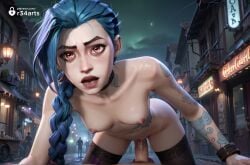 1boy 1boy1girl 1girls ai_generated all_fours arcane arm_tattoo blue_hair braid breasts choker cowgirl_position cowgirl_position hi_res jewelry jinx_(league_of_legends) league_of_legends long_hair looking_at_viewer navel netflix night nipples nude open_mouth outdoors penis pink_eyes pov pussy pussy_juice r34arts riot_games sex small_breasts solo_focus straddling straight tattoo thighhighs twin_braids uncensored vaginal_penetration vaginal_penetration vaginal_sex