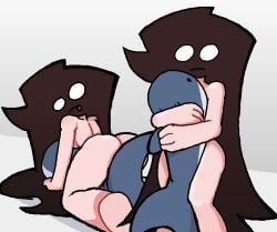 1girls 2d :( arcaned_roses completely_nude completely_nude_female female female_only hugging_plushie ikea mystery_(roses_arcaned) nude nude_female roses_arcaned shark_plush shark_plushie solo tongue_out