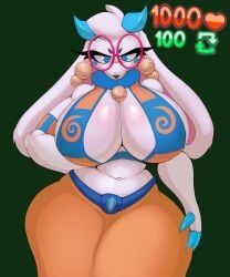 angela_flux anthro atlyss big_breasts biped breasts clothed clothing eyelashes female foxgumie hair hi_res huge_breasts kubold_(atlyss) nipple_outline pupils solo thick_thighs white_body