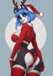 1girls anthro ass bangs blue_hair blunt_bangs christmas deer_horns fake_horns female female_only green_eyes legwear nuwa_nightstone panda red_legwear santa_costume santa_hat solo ursid yasmil