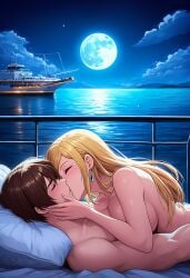 after_orgasm after_sex after_sex_cuddling ai_generated b._jenet couple couple_(romantic) cuddling cuddling_up_together fatal_fury hug king_of_fighters kissing kissing_after_sex kyo_kusanagi romantic romantic_couple yacht