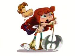 1boy 1girls ahe_gao ahegao_face animated axe barbara_(rayman) big_nose big_penis biting_lip black_eyes blank_background blush boots closed_eyes curly_hair ginger_hair long_hair minus8 moan moaning moaning_in_pleasure mostly_clothed mostly_nude mostly_nude_female nude orange_hair plap plap_(sound) purple_hoodie rayman rayman_(series) rayman_legends red_hair shadow small_breasts small_but_hung sound sound_edit sound_effects tagme tan_body tan_skin ubisoft video white_background