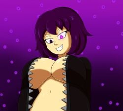 1girls breasts breasts_out dark_zixy eyelashes female female_focus female_only gjoodt glowing_eyes jacket jacket_only jacket_open purple_eyes purple_hair rule_63 smirk