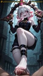 2025 ai ai_assisted ai_generated anime anime_style artist_name barefoot breasts briar_(league_of_legends) cum cum_on_feet dreamyan_ai feet foot_fetish footjob hi_res high_quality high_resolution highres league_of_legends pale_skin patreon pink_hair pointy_ears seductive seductive_pose sharp_teeth smile smiling thick_ass thick_thighs thighs uncensored white_body white_eyes white_hair white_skin