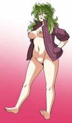 1girls breasts feet female green_hair hands_in_pockets hyoumaru jacket jacket_open long_hair mostly_nude open_jacket ophiuchus_shaina partially_clothed pussy saint_seiya saint_seiya_omega silver_saints soles solo thighs