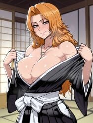 ai_generated astralgazer between_breasts bleach cleavage huge_breasts inner_sideboob japanese_clothes kimono large_breasts licking_lips lips long_hair long_sleeves looking_at_viewer matsumoto_rangiku mole mole_under_mouth necklace necklace_between_breasts off_shoulder orange_hair overflowing_breasts seductive seductive_look seductive_smile sitting sitting_on_bed steaming_body sweat sweatdrop sweaty_breasts undressing