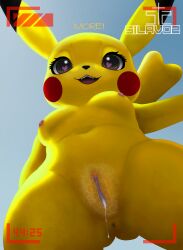 anthro anus bodily_fluids breasts brown_eyes clitoris cum cum_drip cum_in_pussy cum_inside dripping female generation_1_pokemon genital_fluids genitals heart_eyes heart_symbol hi_res looking_at_viewer looking_down low-angle_view mammal navel nintendo nippel open_mouth pikachu pokemon pokemon_(species) pussy recording rodent satisfied silavos sky smile solo spread_pussy spreading teeth text vaginal_fluids watermark yellow_body