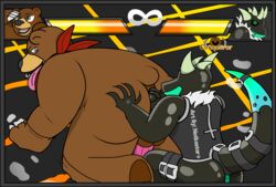 2017 anthro balls bear belt claws clothing digital_media_(artwork) dragon duo english_text erection fingering fur hair hi_res horn jack_dragon_(character) kuma_(tekken) male male_only mammal notkastar_(artist) paws penis shiny sketch solo tagme tekken text video_games