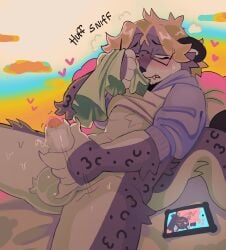 2025 :3 absurd_res anthro balls blush bottomless bottomless_anthro bottomless_male catgenderzz clothed clothing countershading electronics emanata eyewear fangs felid genitals glasses heart_symbol hi_res humanoid_genitalia humanoid_penis looking_at_porn looking_pleasured lying male mammal masturbation on_back pantherine penile penile_masturbation penis phone pornography sniffing sniffing_clothes snow_leopard solo tail teeth tuft yarn_(snowwhisk)