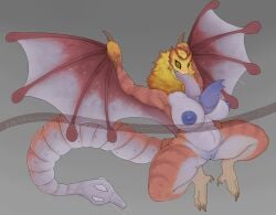 absurd_res anthro areola big_breasts bird_wyvern bodily_fluids breasts capcom coral_pukei-pukei dragon european_mythology female fur genital_fluids genitals hi_res khemmmis monster_hunter mythological_creature mythological_scalie mythology nipples nude pussy scalie simple_background solo spread_legs spreading thick_thighs tongue tongue_out western_dragon wings wyvern
