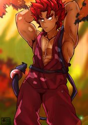 1boy abs armpits arms_up autumn beads belt black_eyes blurry_background blush_lines collarbone dark_skin forest forked_eyebrows gay hands_behind_head hi_res karate_gi kazuki_kazama looking_away male male_only masculine_male mature_male muscles muscular muscular_arms muscular_male outdoors pecs red_hair saikawa_(ti17jk) samurai_shodown shadow shaved_armpit short_hair six_pack sleeveless small_pupils snk solo standing thick_eyebrows tough_guy very_high_resolution yaoi