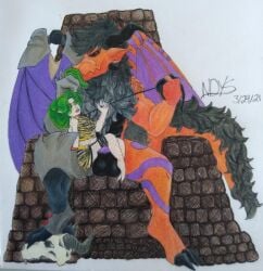absurd_res animal_genitalia anthro balls big_balls bondage chair clothed clothing collar dragon duo elf european_mythology f0rfeit feet female foot_on_balls foot_on_skull furniture genitals gold_(metal) gold_jewelry green_hair hair hi_res huge_balls humanoid jewelry kara_shizen leash male male/female maned_dragon mythological_creature mythological_scalie mythology petplay prosthetic roleplay sayotherwise scalie sheath sitting_on_another size_difference skimpy slave sniffing tattoo throne western_dragon wings