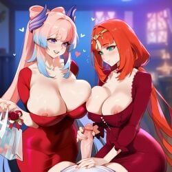 1boy 2girls ai_generated areola_slip areolae asymmetrical_docking black_legwear blush bouquet breasts cleavage cooperative_fellatio cooperative_handjob depressu dress erection flower futanari genshin_impact handjob heart huge_breasts large_breasts large_penis long_hair nilou_(genshin_impact) nipples open_mouth penis pov red_dress red_hair sangonomiya_kokomi short_dress smile thighhighs veiny_penis very_long_hair white_legwear