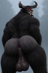 3d ai_generated anus ass bearded black_fur creature fantasy foreskin forest furry_body gay glowing_eyes goatee handsome large monstrous muscular_build old_male penis red_eyes saggy_balls sharp_fangs sharp_horns solo strong
